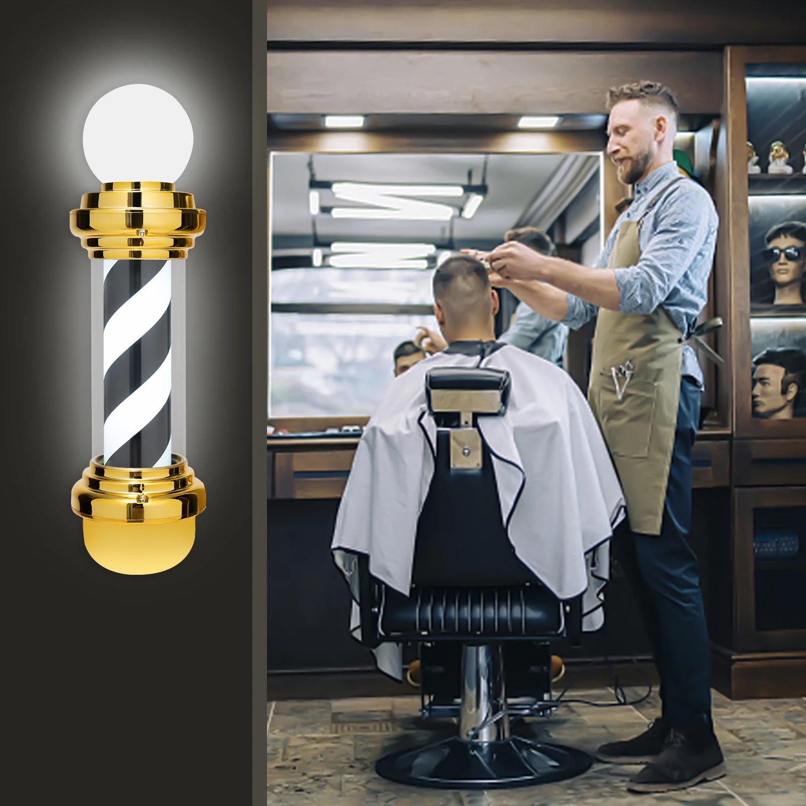 27” Barber Shop LED Pole Light Golden Black White Rotating Hair Salon Open Sign IP54 Waterproof Save Energy Wall Mount