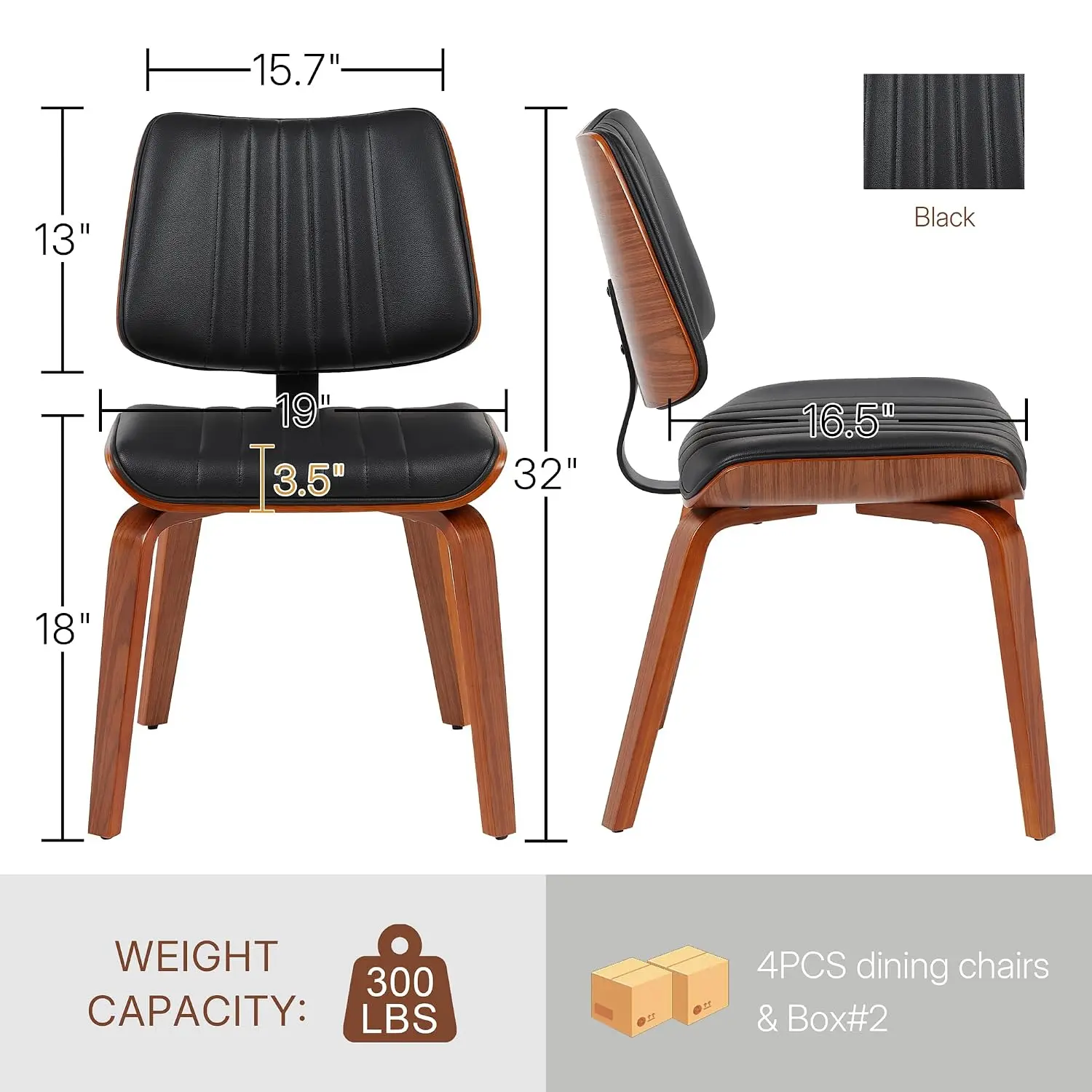 Mid Century Modern Dining Chairs Set of 4, Walnut Kitchen Chairs,Black, Custom