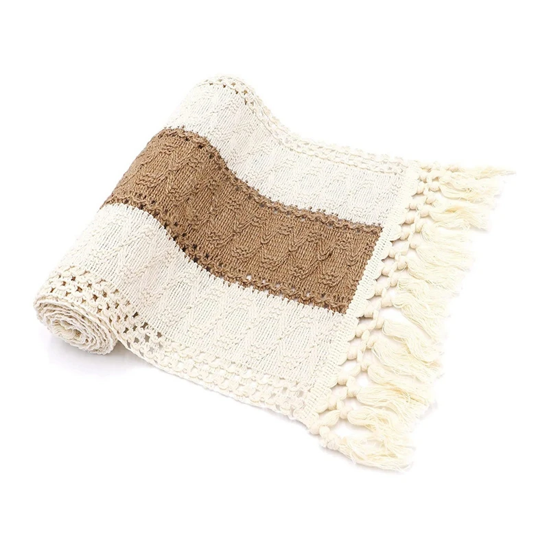 1 Pcs 71Inch Long  Table Runner Cream & Brown Farmhouse Table Runner With Tassels For Home Decor