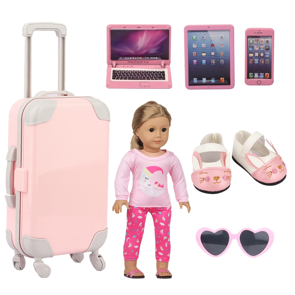 

Pink Collection Doll Luggage Set Suitcase, Clothes, Sunglasses, Computer Phone Tablet, Shoes For 18-inch American&43cm Baby Doll