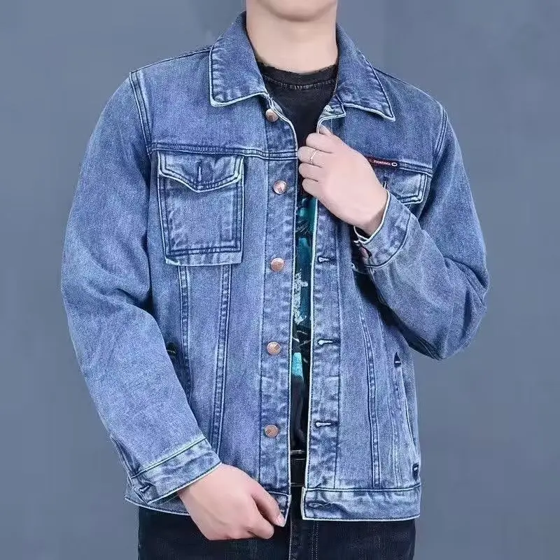 

Men's Solid American Style Washed Denim Jacket Turn-down Collar Lapel Motorcycle Jeans Jackets Retro Versatile Male Coats