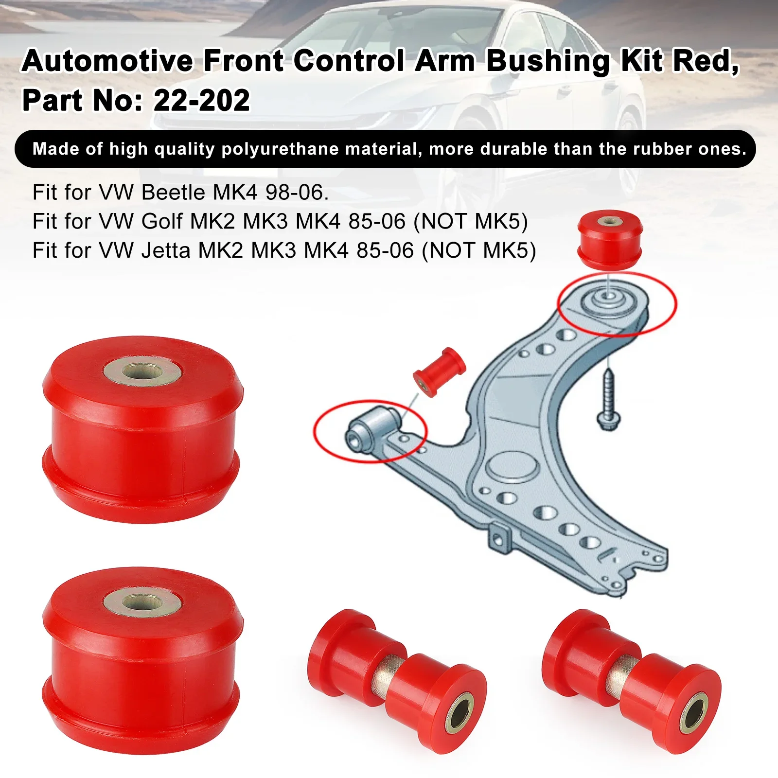 22-202 Red Car Front Control Arm Bushings Kit For VW Beetle MK4 Golf/Jetta MK2 MK3 MK4 1985-2006 Polyurethane Car Accessories