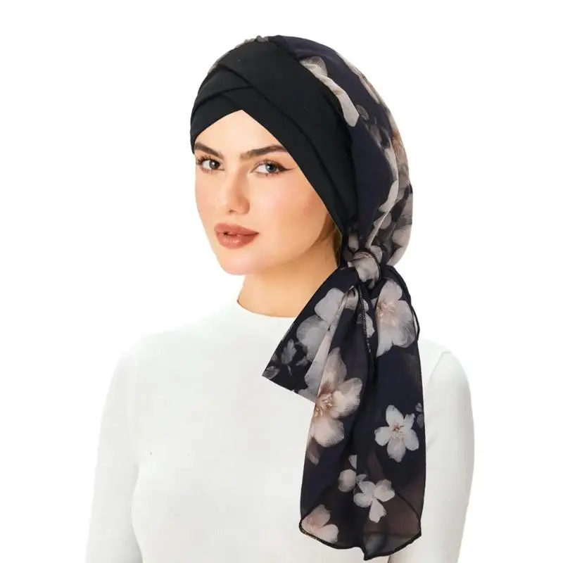 A52E Floral Turban Headscarf Cap with Lightweight Twisted Front Travel Wrap