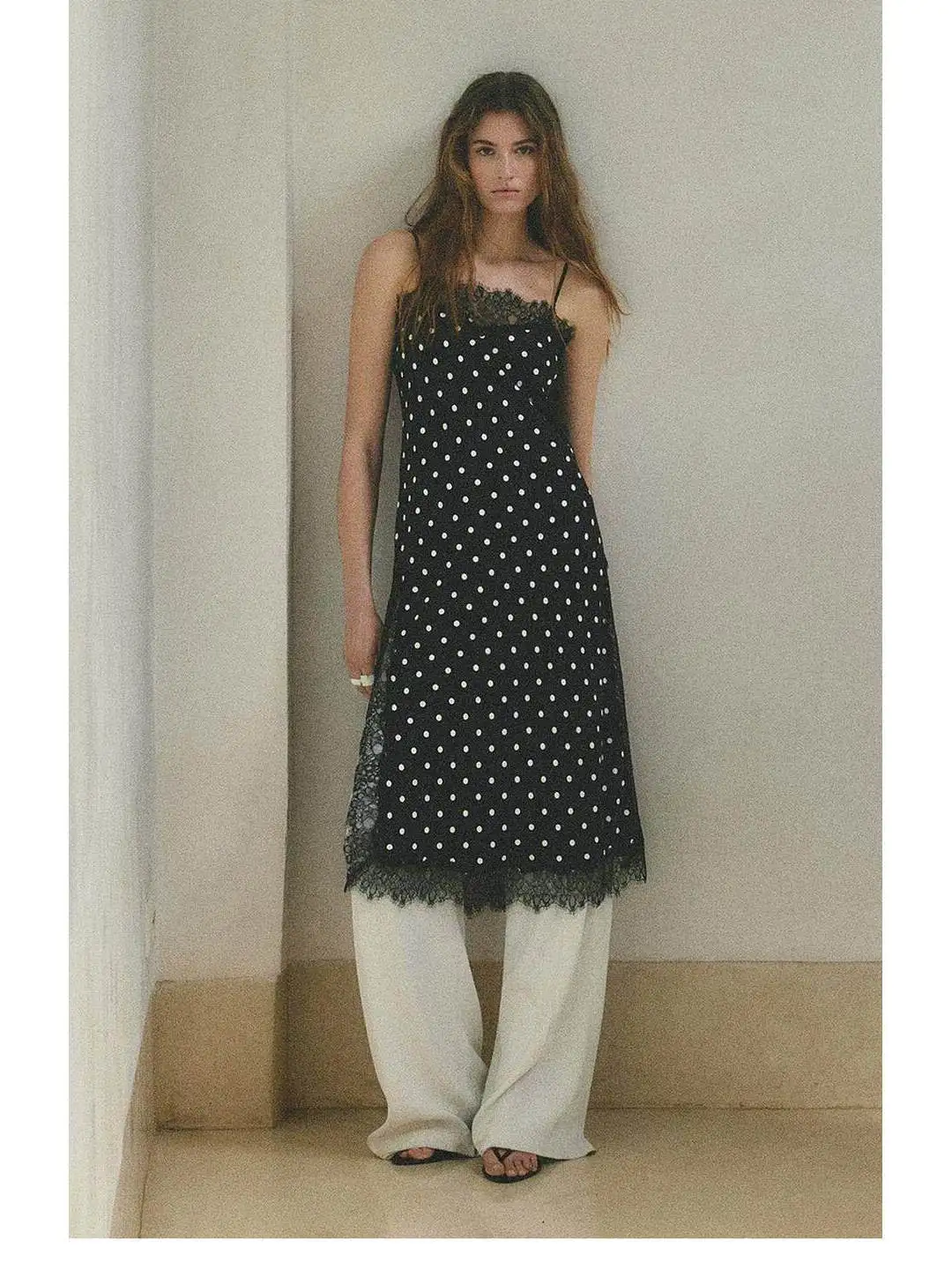 

Retro Fashion Long Version Lace Polka Dot Strap Top Casual Style Women's Shirt French Style Breathable Skin-friendly Polyester