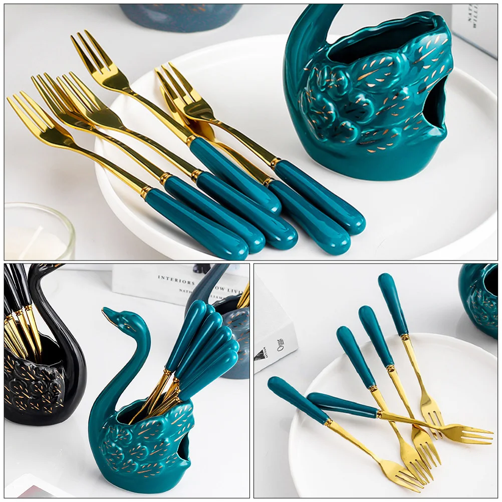 

1Set Premium Ceramic Swan Modeling Fruit Forks with Exquisite Storage Holder Ideal for Pudding Cakes Desserts Fruit Fork