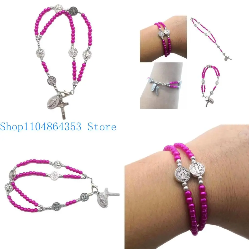 Finger Chain Rosary Bracelet Baptism Communion Gift Double Layer Pearl Beaded Bangle for Christening Wedding Gift