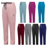 Pantalones de trabajo de cintura alta para mujer, Pantalón liso con bolsillo, uniforme de enfermera, Clínica de mascotas, pantalones casuales, uniforme de fregado