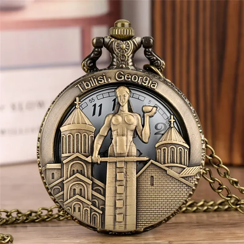 Bronze Hollow Out TBILISI GEORGIA Design Men Women Quartz Analog Pocket Watch Arabic Number Necklace Pendant Chain Timepiece
