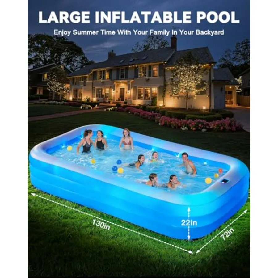 Backyard outdoor garden inflatable pool for adults, PVC material, blue, extra-thickened walls with 7-color LED lights and inclu