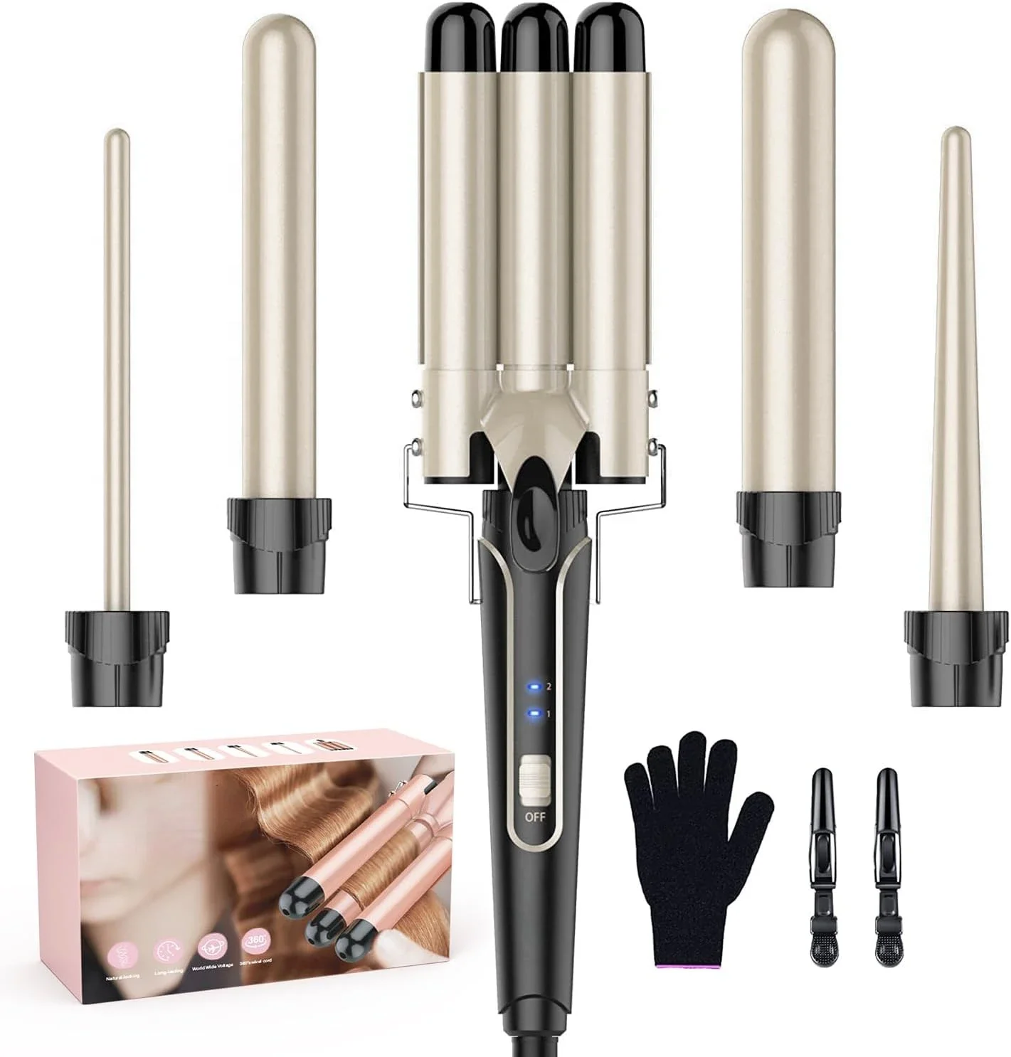 

5 in 1 Fast Heating Waver Curling Iron Wand Set with 3 Barrel Hair Crimper, Professional Hair Wand Curler for Women, Suitable fo