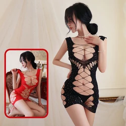 Sexy Lingerie Mesh See Through Night Dress with Shinning Diamond Hollow Out Exotic Dresses Pajamas Passion Underwear Women Girls