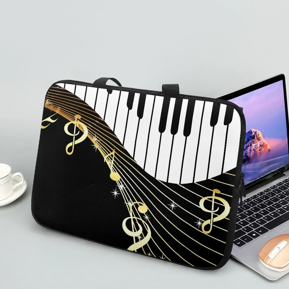 Golden Piano Note Music Style Design Casual Computer Notebook Cover Case Portable Handle Fashion Tablet Bag Accessories Handbags