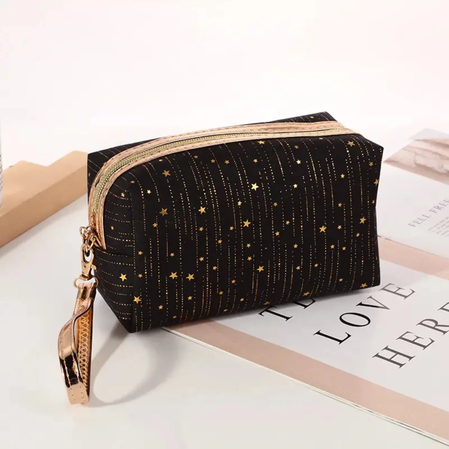 Elegant Black Star Pattern Makeup Bag - Ideal Cosmetic Toiletry Bag