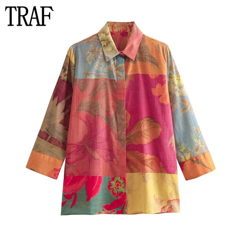 TRAF 2024 Women\'s Shirt Print Button up Shirts for Women Summer Beach Blouse Female Boho Long Sleeve Shirts and Blouses Women