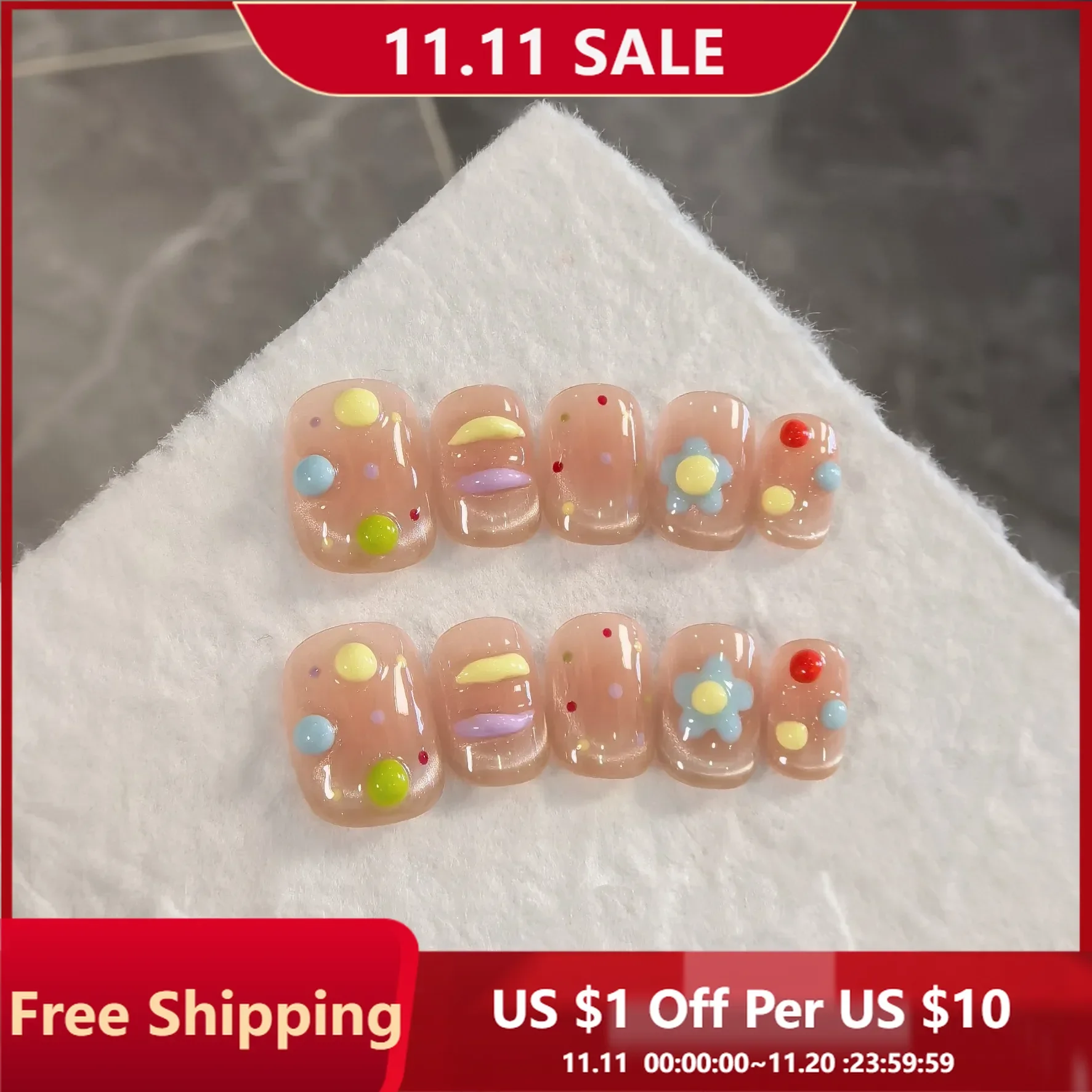 

10 шт., короткие балетные ногти ручной работы, французский кошачий глаз, ручная работа, трехмерные цветы сахарной фасоли, ногти для женщин/девочек, повседневное ношение