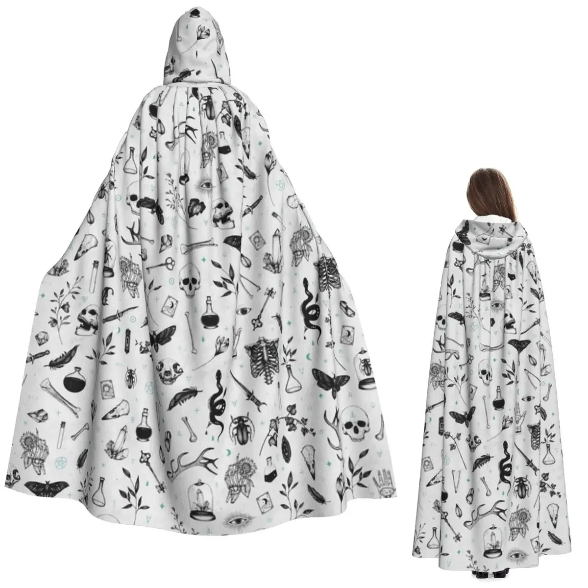 

любопытства костяной белый череп длинный плащ с капюшоном ведьма средневековый костюм косплей накидка Хэллоуин вампир для взрослых унисекс