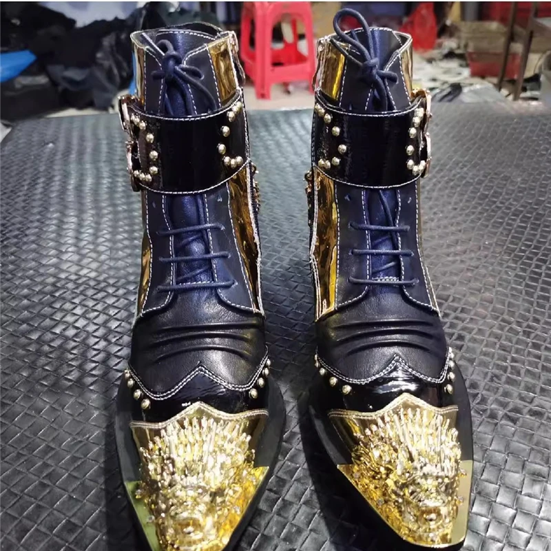 Luxury Design Metal Rivets Chains Men Anles Boots Punk Style Pointed Toe Belt Buckle High Heel Motrocycle Boots