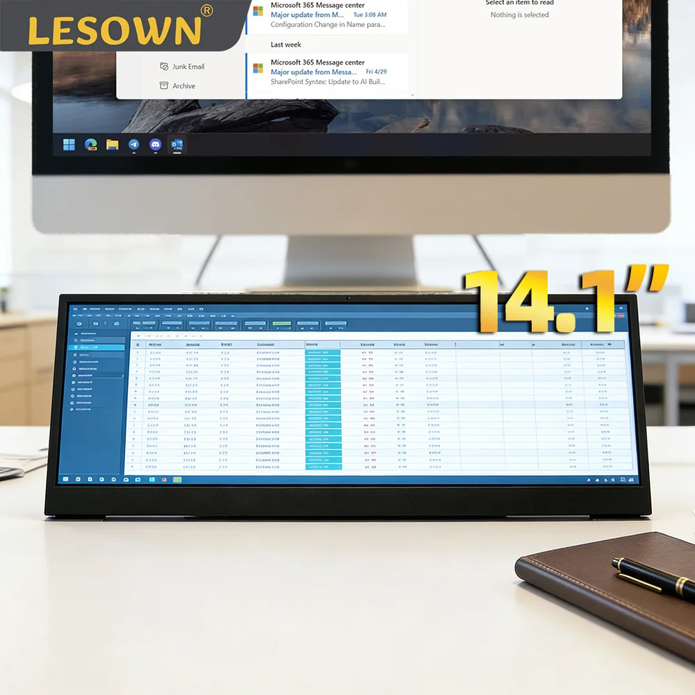 

LESOWN Portable Extended Monitor 14.1" 3840x1100 Bar Display USB-C Connection Ultra Wide Screen Auxiliary Monitor for Excel