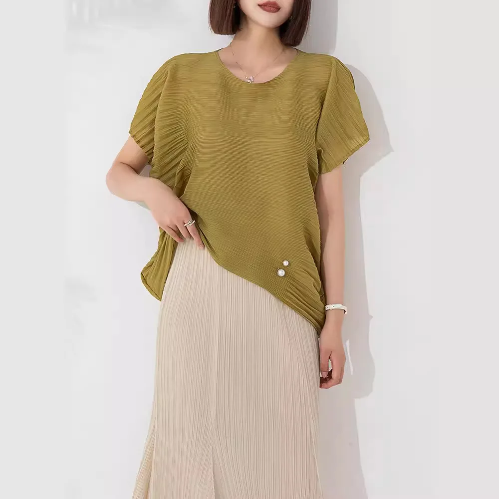 

Miyake Pleated Top 2024 Summer New Women's Horizontal Fold Loose Large Size Round Neck Pullover Casual All-match Short T-shirt