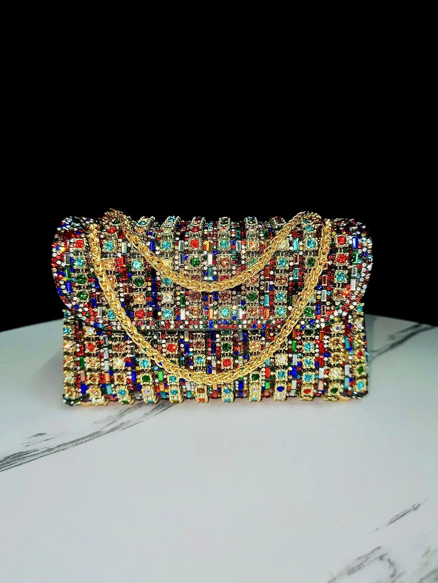 Colorful Diamond Small Square Bag Metal Chain Light Luxury Banquet Handbag High-End Luxury Shoulder Crossbody Bag Women's Bag