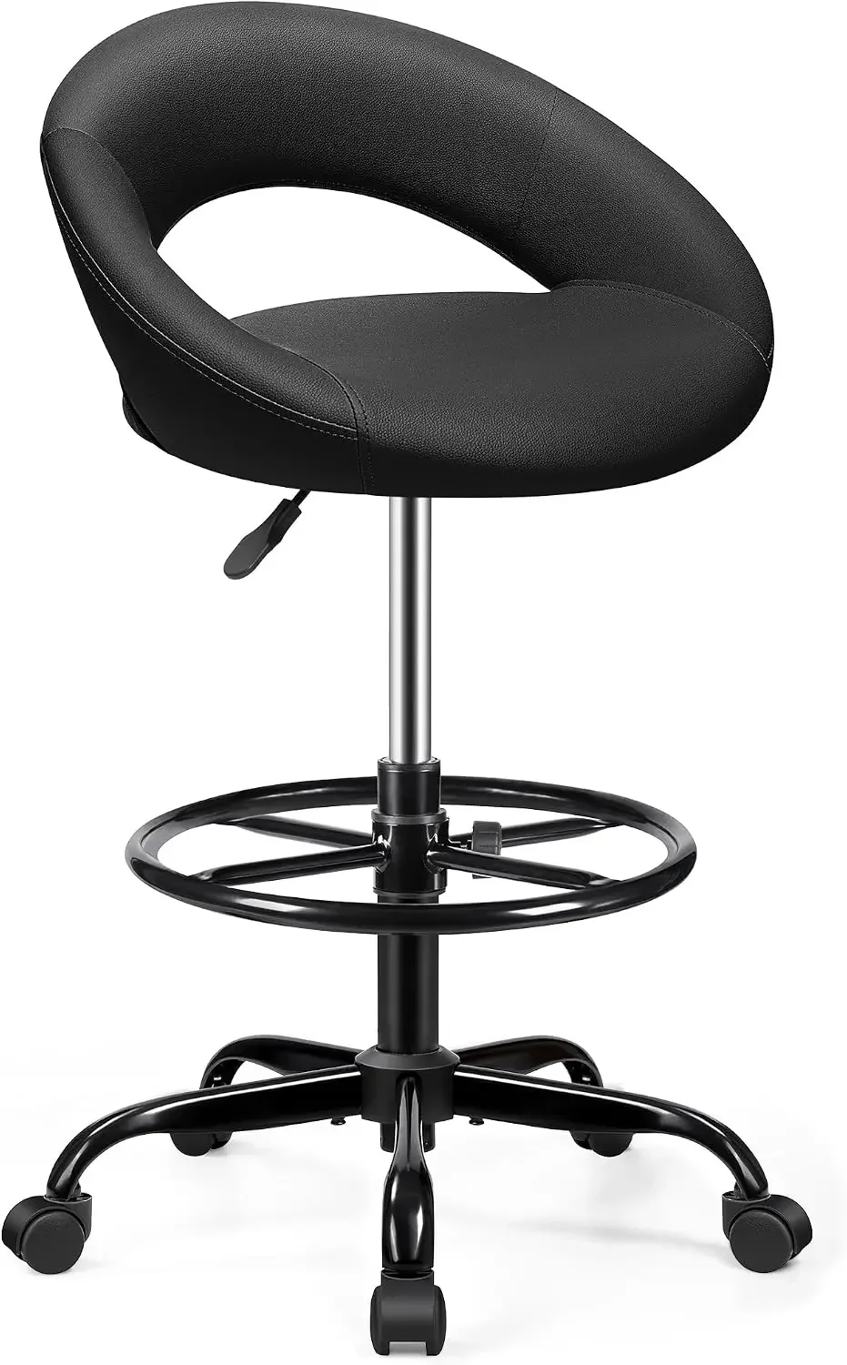 Office Drafting Chair, Counter Height Bar Stools With Back Support, Adjustable Foot Rest & Wheels, Rolling 360° Swivel Chair
