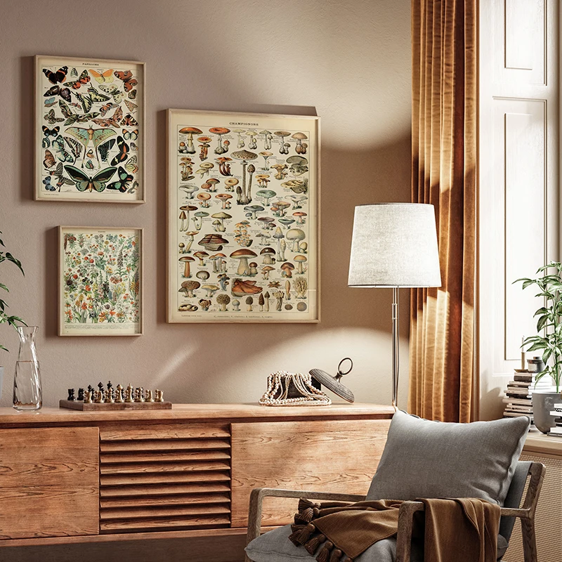 Vintage Palaeobios Botanical Retro Poster Insect Butterfly Mushrooms Canvas Oil Painting Wall Art Prints Wall Picture Home Decor