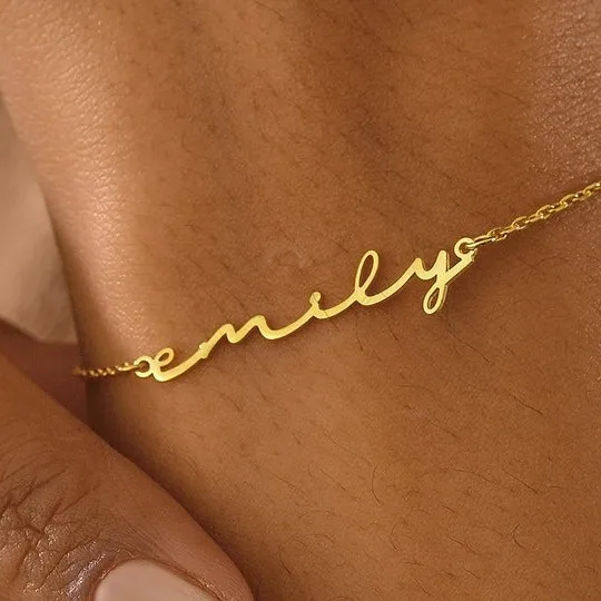 Custom Name Bracelet, Personalized Initial Bangle, Dainty Handwriting Bar Jewelry, Stackable Chain Bracelet for Women