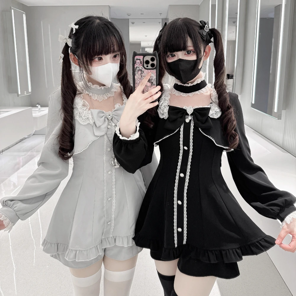 Japanese Style Mass-Produced Lace Square Collar Long Sleeve Ruffles Short Dress Top High Waist Shorts Two-Piece Set for Women