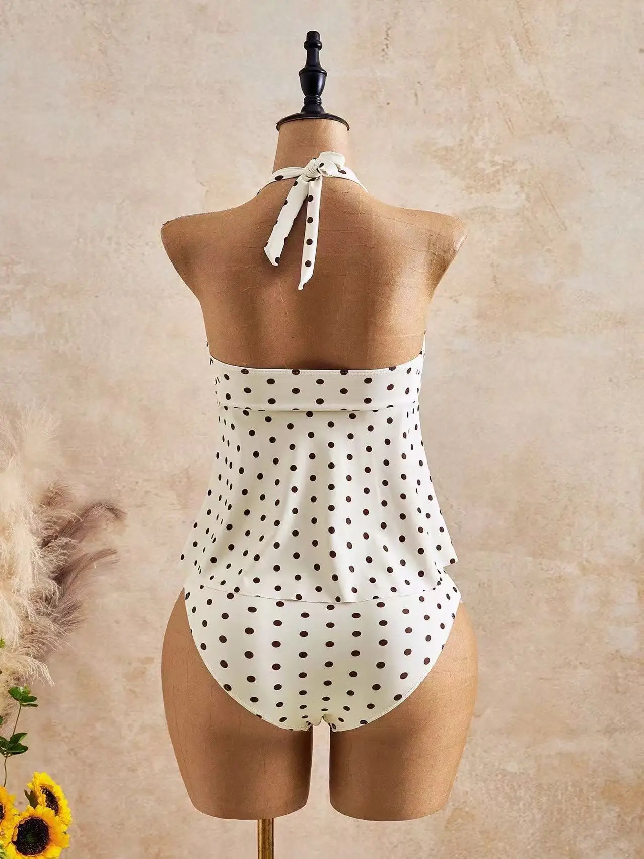 2026 Retro Polka Dot Halter Tankini Set Women Ruffle High Waisted Tummy Control Two Piece Swimsuit Swimwear Beach Vacation Suits