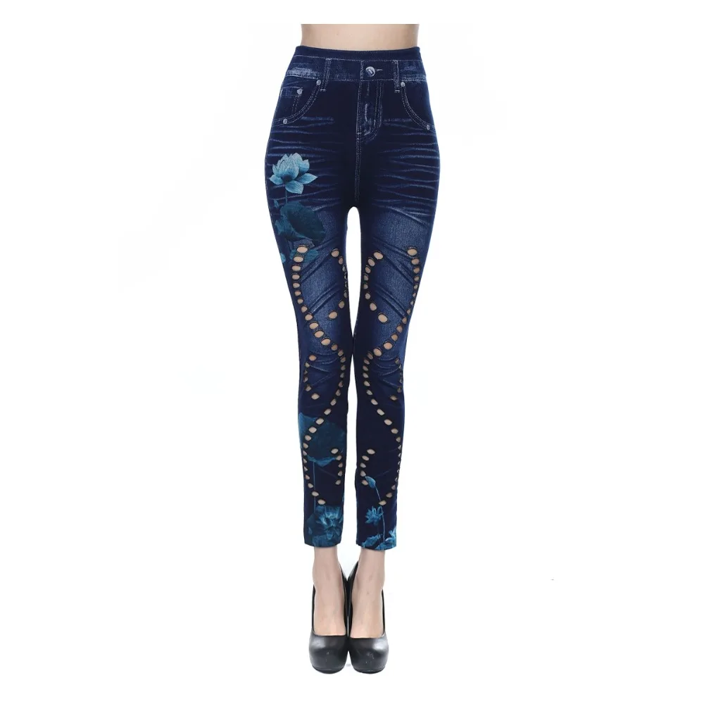 

High-waisted Sexy Women's Slim-fit Leggings Faux Denim Hollow Out Stretch Leggings Heart Flower Patterned