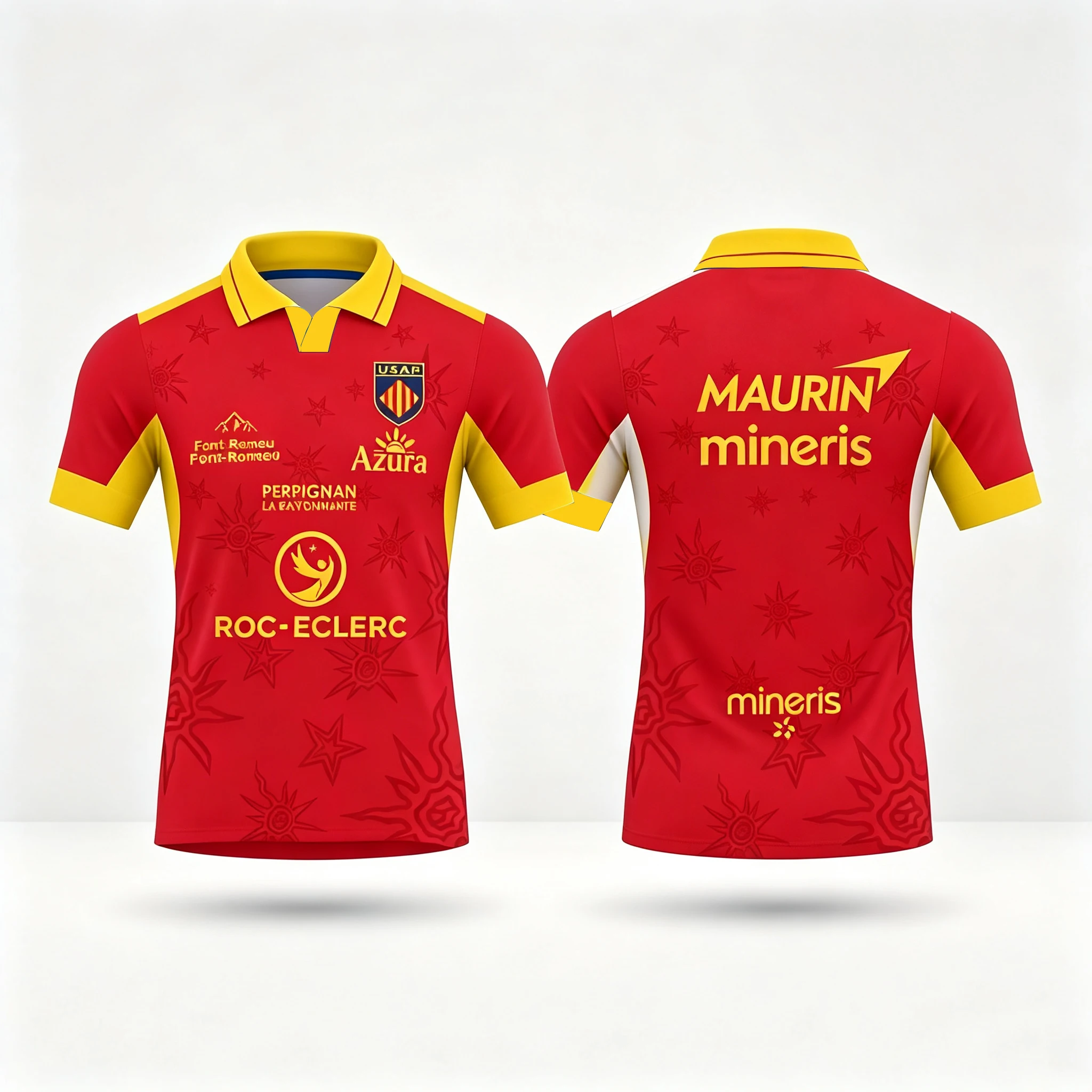 2026 USAP Perpignan Heim-Rugby-Trikot Rot-Gelb mit Sonnen- und Sternen-Print, Polokragen, Kurzarm, Fan-Sport-Trainings-Oberteil – Detail 3