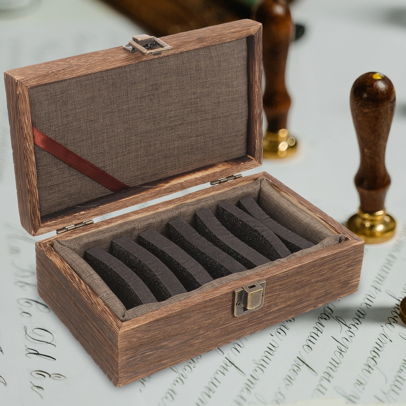 

1Pcs Carbonized Paulownia Wood Inkpad Box Compartment Stamp Holder Portable Wooden Storage Case