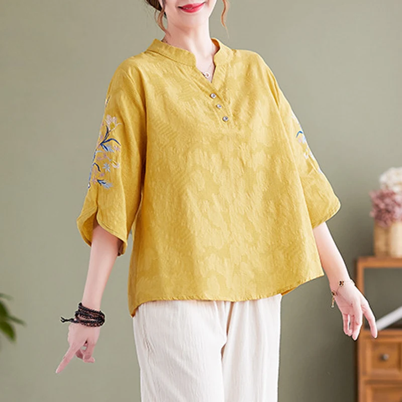 2024 Summer Women Vintage Ethnic Style Embroidered Blouses Casual Solid Loose Cotton Linen Shirts Ladies V Neck 3/4 Sleeve Tops