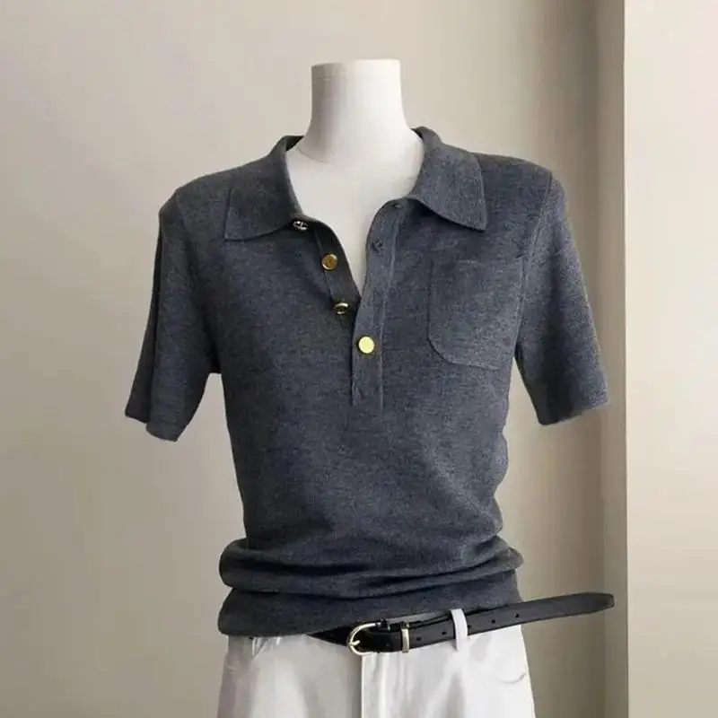 

Women's Polo Collar Short Sleeve Knit Top Spring Summer New Korean Style Casual Solid Color Pullover T-Shirt Fashion Basic Tee
