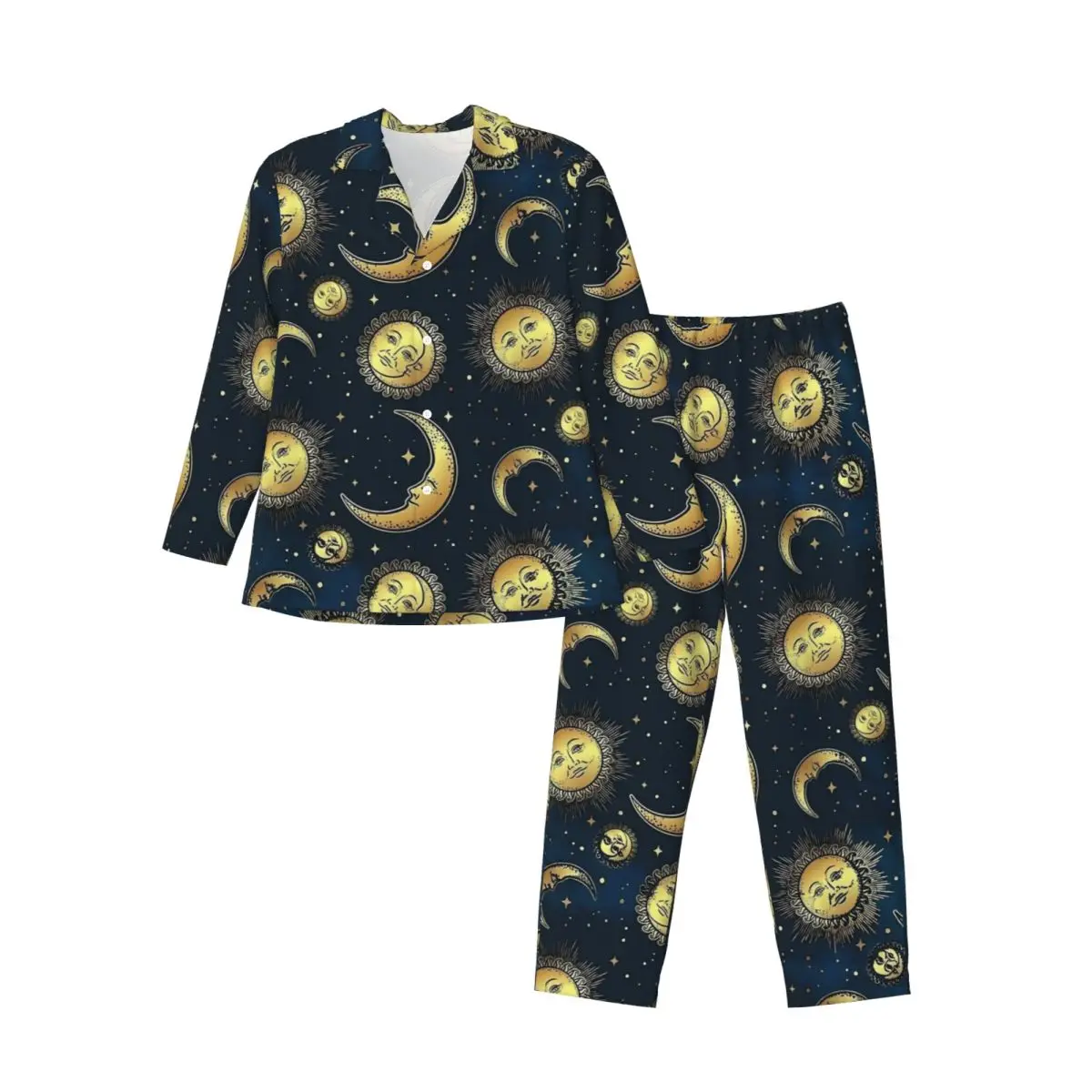 Anni '90 Celestial Sun And Moons Sleepwear Autunno Casual Set pigiama oversize da uomo maniche lunghe romantico design per il tempo libero da notte