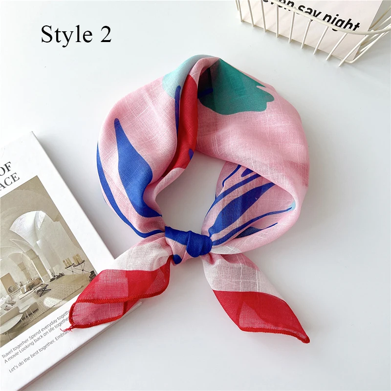 58*58cm Women Tulip Flower Neck Scarf Luxury Hair Band Hijab Shawl Cotton Linen Small Square Scarf Lady Floral Print Hair Scarf