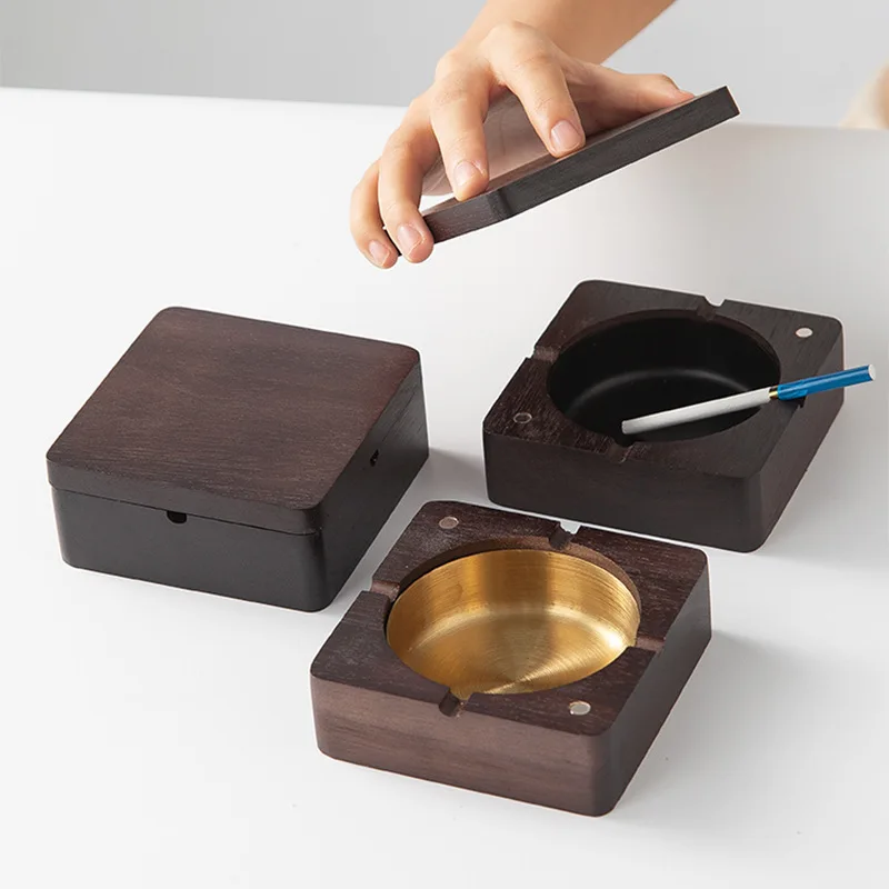 

Walnut Wood Ashtray With Stainless Steel Inner Liner And Lid Anti Fly Ash For Home Living Room Office Desktop Decoration Ashtray