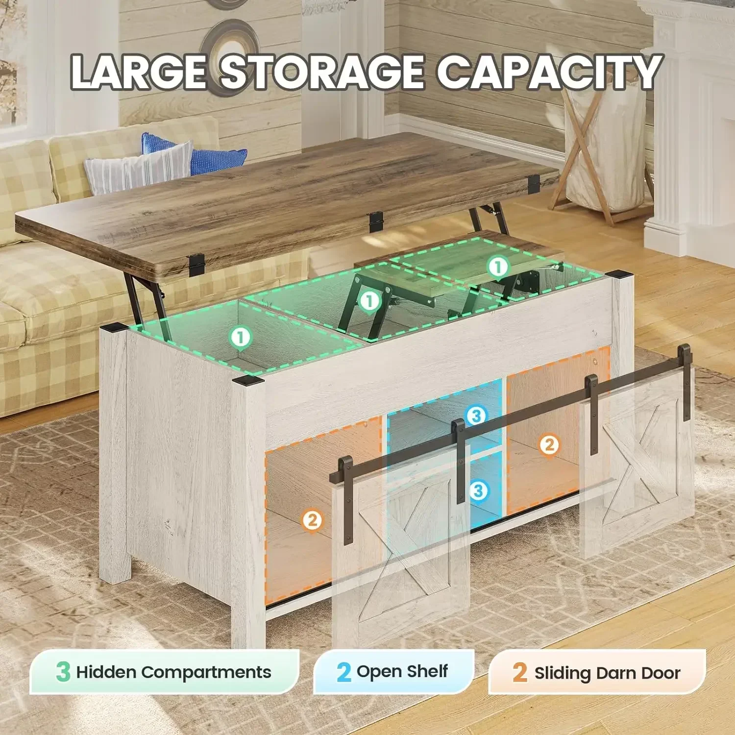 Lift Top Coffee Table 4 in 1 Multi-Function Convertible Coffee Tables with Storage and Hidden Compartment Farmhouse Coffee Table