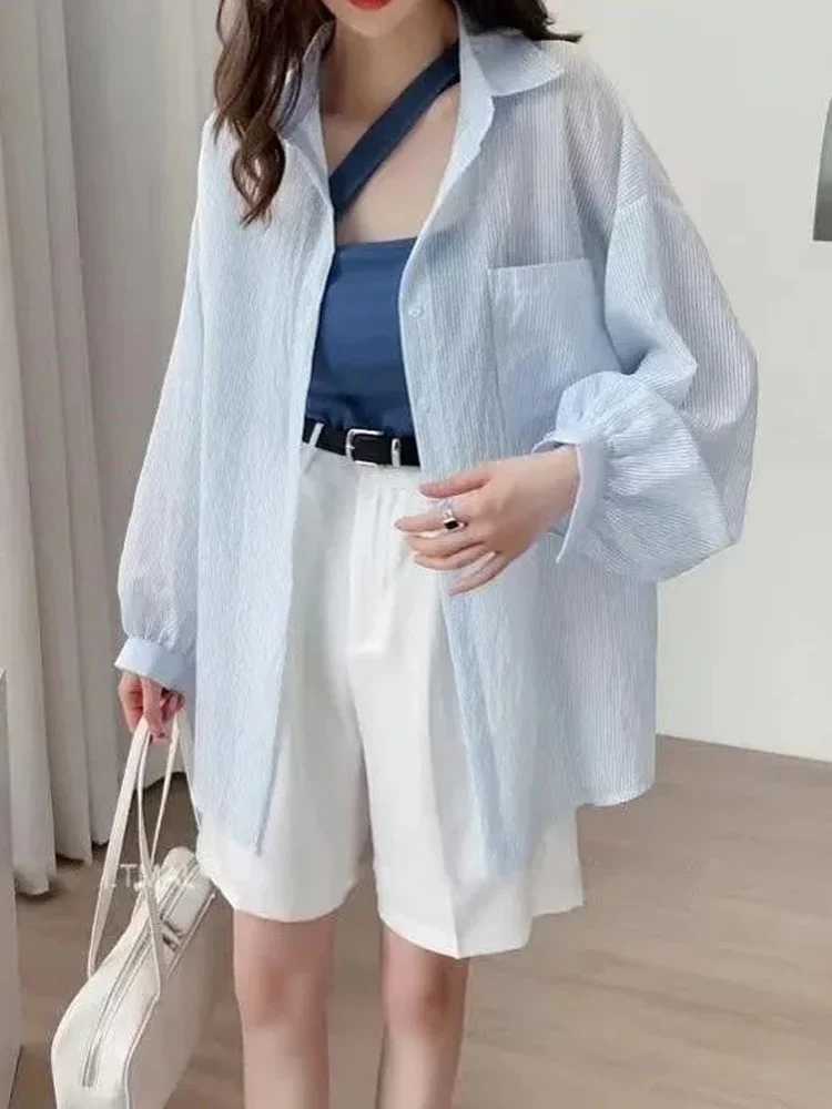 

Korean Sexy Women Transparent Striped Shirt Oversize Loose Long Sleeve Korean Proof Blouse Fashion Pocket Sweet Tops