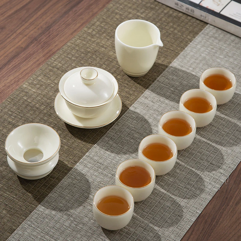 

Dehua Mutton Fat Jade Ceramic Tea Set Home Use with Gold Trim Gaiwan Minimalist Teapot Kung Fu Tea Porcelain Set for Chinese Tea