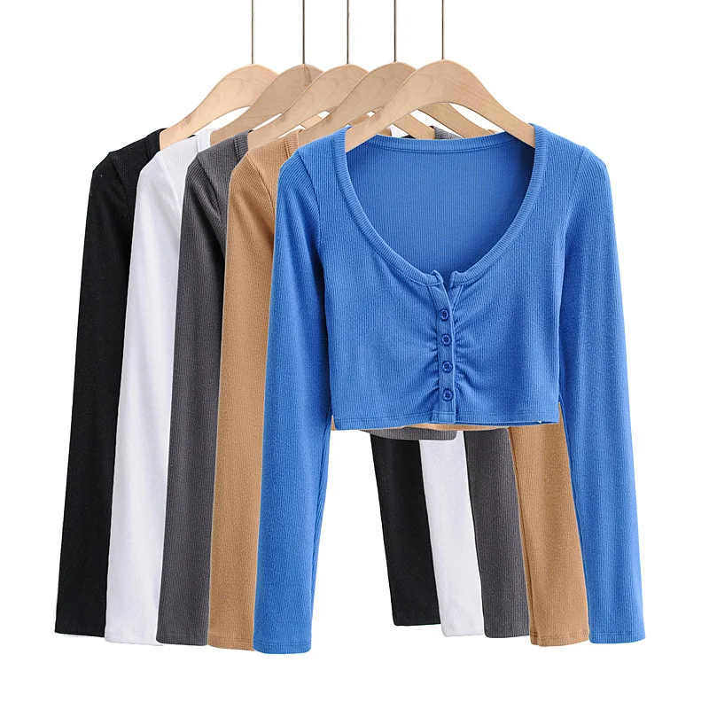 Slim V-neck Long Sleeve Bottomed Womens Tops And Blouses High Street Solid Color Open Navel Cardigan U4WF