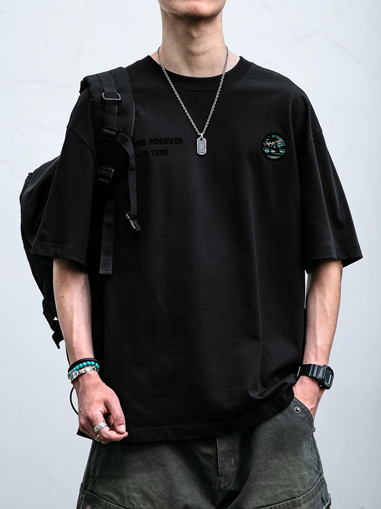 Korean Fashion Men T-Shirt 100% Cotton Oversized Loose Fit Summer Short Sleeve Casual Round Neck Print Minimalist Tee Streetwear
