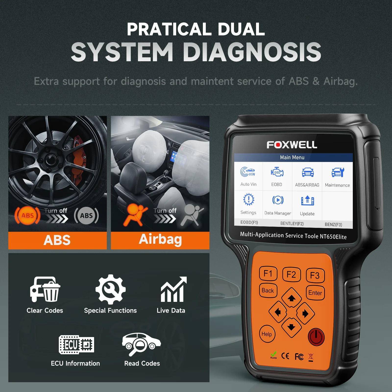 FOXWELL NT650 Elite OBD2 Car Diagnostic Tool ABS SRS Code Reader SAS BRT EPB Oil 26 Reset Professional OBD2 Automotive Scanner