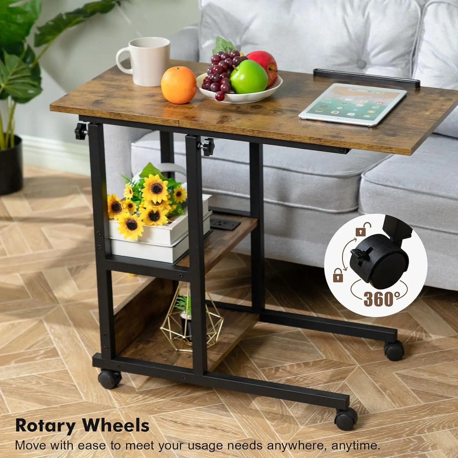 

Hadulcet Adjustable C Table with Charging Station, Tiltable Desk C Shaped End Table for Couch, Over Bed Table Wheels Adjustable