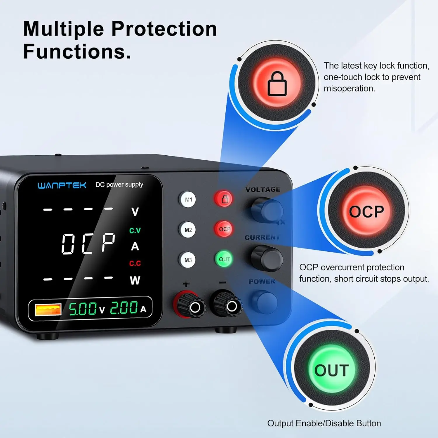 Alimentatore CC regolabile da 60 V 5 A con memoria, OCP, ricarica USB e display a 4 cifre