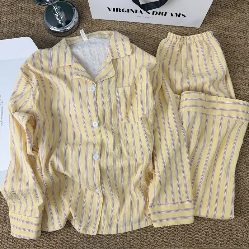 

Spring and Summer Korean-Style Simple Color-Block Stripe Pajamas for Women, New Loose Long-Sleeve and Long-Pants Homewear Set