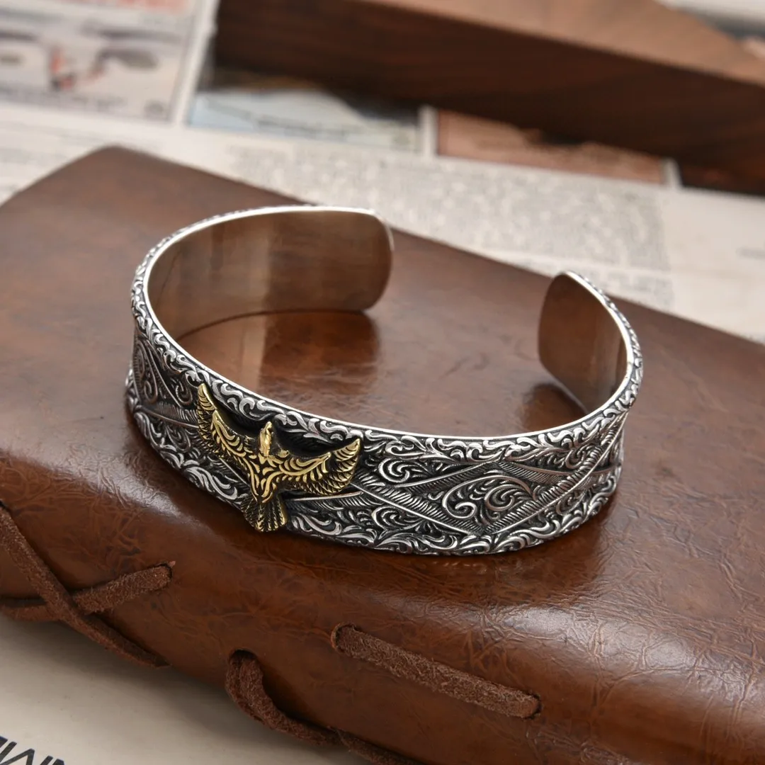 

925 Pure Silver Wing Eagle Bracelet Men's heavy industry personality retro with opening Tang grass pattern wings silver bracelet