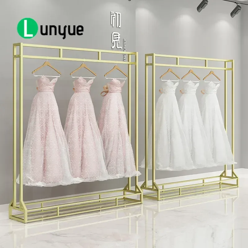 Gold Floor to Ceiling Double Layer Clothing Display Rack for Wedding Dress Studio Xiuhe Cheongsam Men's Garment Hanger Shelf