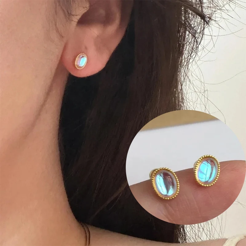 Fashion Oval Natural Moonstone Stud Earrings for Women Advanced Versatile Screw Bead Ear Piercing Party Jewelry Gifts