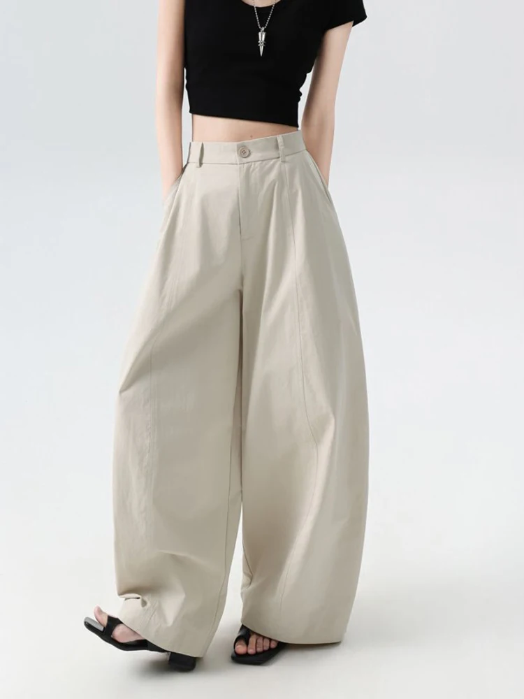 Old Money Style Summer Washed Cotton Straight Pants For Women Loose Elastic Waist Casual Vintage Wide Leg Trousers Lady